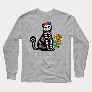 Day of the Dead Skeleton Flower Cat Long Sleeve T-Shirt